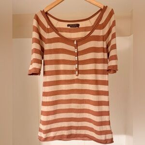 [NWOT] MaxAzria Striped Henley Tee – Short Sleeve – Tan & Cream - Size S